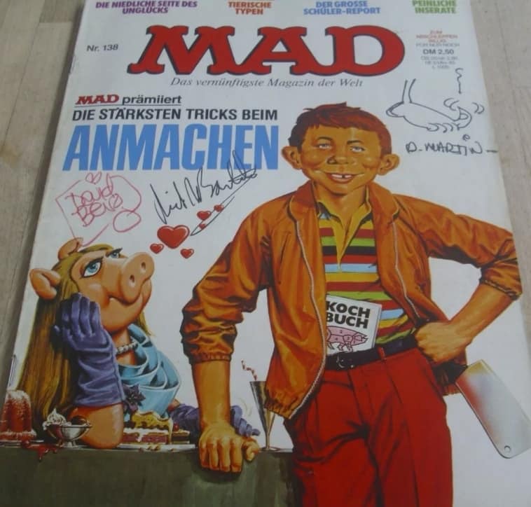 Die Ausgabe, signiert zum MAD Besuch der Idiotenbande von Dave Berg, Dick DeBartolo und Don Martin, mit Stinkefuß