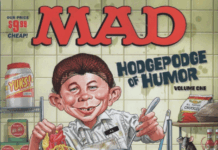 Das Cover zeigt ein chaotisches, farbenfrohes Kunstwerk von Tom Richmond im typischen MAD-Magazin-Stil: Ein verrückter Charakter mit übertriebenem Gesichtsausdruck – wahrscheinlich der ikonische MAD-Alfred E. Neuman – grinst frech, während um ihn herum absurde Szenen und Running Gags aus der MAD-Welt verstreut sind. Im Hintergrund sind Anspielungen auf klassische Rubriken wie 'Spy vs. Spy' und 'The Lighter Side of...' zu erkennen, alles eingebettet in ein dynamisches Layout mit schrägen Schriftzügen und satirischen Details. Das Design kombiniert Retro-Charme mit moderner Comic-Ästhetik und lädt dazu ein, sofort ins anarchische Vergnügen einzutauchen.
