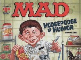 Das Cover zeigt ein chaotisches, farbenfrohes Kunstwerk von Tom Richmond im typischen MAD-Magazin-Stil: Ein verrückter Charakter mit übertriebenem Gesichtsausdruck – wahrscheinlich der ikonische MAD-Alfred E. Neuman – grinst frech, während um ihn herum absurde Szenen und Running Gags aus der MAD-Welt verstreut sind. Im Hintergrund sind Anspielungen auf klassische Rubriken wie 'Spy vs. Spy' und 'The Lighter Side of...' zu erkennen, alles eingebettet in ein dynamisches Layout mit schrägen Schriftzügen und satirischen Details. Das Design kombiniert Retro-Charme mit moderner Comic-Ästhetik und lädt dazu ein, sofort ins anarchische Vergnügen einzutauchen.