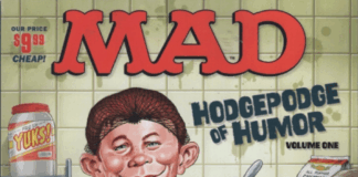 Das Cover zeigt ein chaotisches, farbenfrohes Kunstwerk von Tom Richmond im typischen MAD-Magazin-Stil: Ein verrückter Charakter mit übertriebenem Gesichtsausdruck – wahrscheinlich der ikonische MAD-Alfred E. Neuman – grinst frech, während um ihn herum absurde Szenen und Running Gags aus der MAD-Welt verstreut sind. Im Hintergrund sind Anspielungen auf klassische Rubriken wie 'Spy vs. Spy' und 'The Lighter Side of...' zu erkennen, alles eingebettet in ein dynamisches Layout mit schrägen Schriftzügen und satirischen Details. Das Design kombiniert Retro-Charme mit moderner Comic-Ästhetik und lädt dazu ein, sofort ins anarchische Vergnügen einzutauchen.