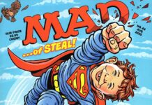 Parodistisches Cover der MAD Ausgabe Nr. 44 (August 2025) mit Alfred E. Neuman als fliegender Superman, begleitet von einem Superhund und einem halb entkleideten Clark Kent.