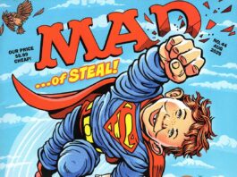 Parodistisches Cover der MAD Ausgabe Nr. 44 (August 2025) mit Alfred E. Neuman als fliegender Superman, begleitet von einem Superhund und einem halb entkleideten Clark Kent.
