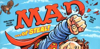 Parodistisches Cover der MAD Ausgabe Nr. 44 (August 2025) mit Alfred E. Neuman als fliegender Superman, begleitet von einem Superhund und einem halb entkleideten Clark Kent.