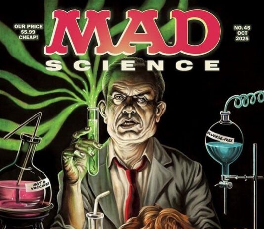 Cover von MAD Magazin Nr. 45: Illustration von Terry Wolfinger, inspiriert vom Horrorfilm Re-Animator. US-Politiker Robert F. Kennedy Jr. als verrückter Wissenschaftler mit Alfred E. Neumans Kopf auf dem Labortisch.