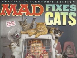 Cover der MAD Magazin Sonderausgabe 2025 „Mad Fixes Cats“ mit Alfred E. Neuman in einer Katzenbox, umringt von neugierigen Katzen.
