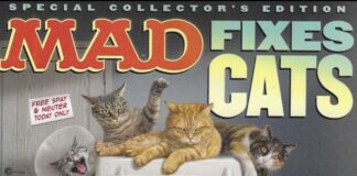 Cover der MAD Magazin Sonderausgabe 2025 „Mad Fixes Cats“ mit Alfred E. Neuman in einer Katzenbox, umringt von neugierigen Katzen.