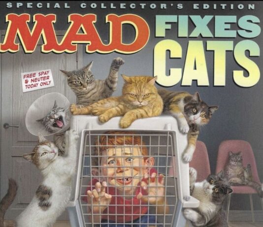 Cover der MAD Magazin Sonderausgabe 2025 „Mad Fixes Cats“ mit Alfred E. Neuman in einer Katzenbox, umringt von neugierigen Katzen.