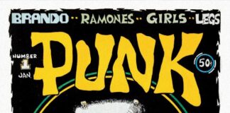 Cover der ersten Ausgabe des PUNK Magazins von Januar 1976, gestaltet von John Holmstrom. Illustration zeigt Lou Reed in Comicstil mit übergroßer Brille und Lederjacke.