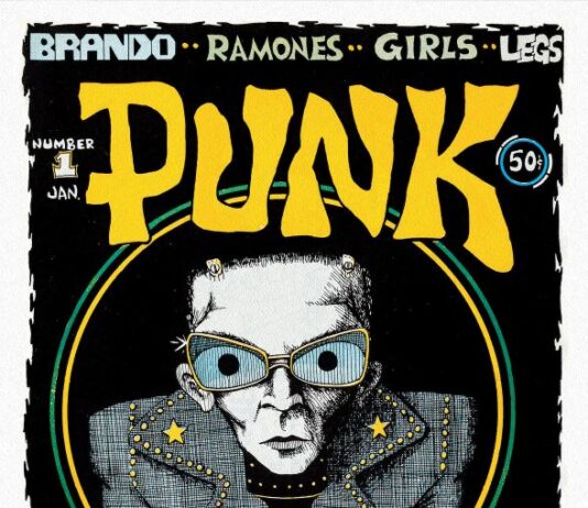 Cover der ersten Ausgabe des PUNK Magazins von Januar 1976, gestaltet von John Holmstrom. Illustration zeigt Lou Reed in Comicstil mit übergroßer Brille und Lederjacke.