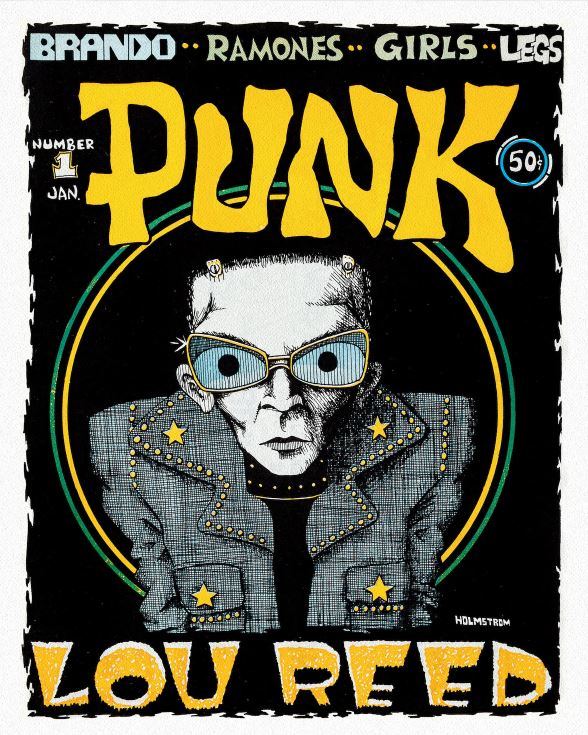 Cover der ersten Ausgabe des PUNK Magazins von Januar 1976, gestaltet von John Holmstrom. Illustration zeigt Lou Reed in Comicstil mit übergroßer Brille und Lederjacke.
