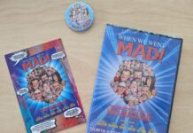 DVD-Hülle, Flyer und Button der Dokumentation „When We Went MAD!“ mit einer Collage aus gezeichneten Gesichtern auf blauem Hintergrund.