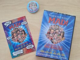 DVD-Hülle, Flyer und Button der Dokumentation „When We Went MAD!“ mit einer Collage aus gezeichneten Gesichtern auf blauem Hintergrund.