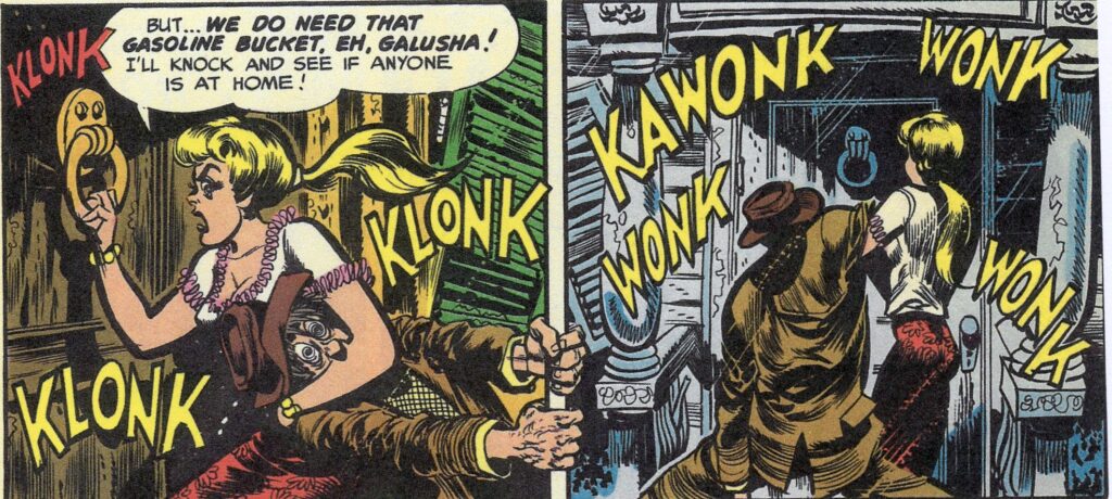 Comic-Ausschnitt aus MAD #1 von Jack Davis: Eine blonde Frau klopft an eine Tür, während die Figur Galusha ängstlich hinter ihr kauert. Galusha greift dabei mit beiden Händen um den weißen vertikalen Trennstrich zwischen den zwei Comic-Panels und hält sich daran fest – ein visuelles Durchbrechen der "vierten Wand".