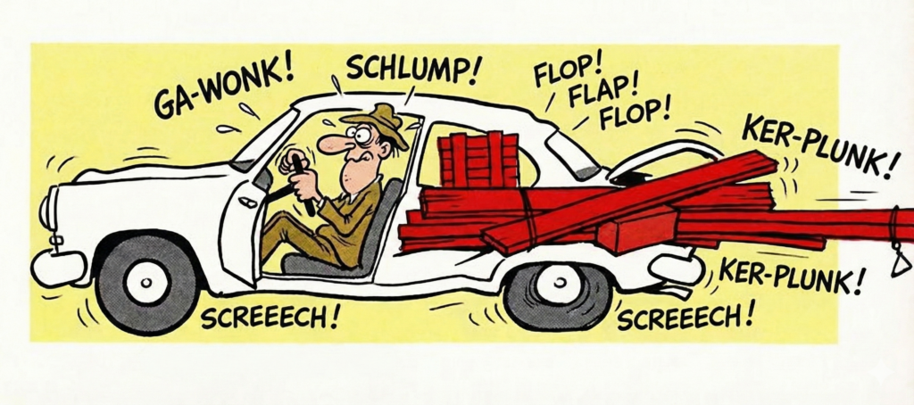 Ein Cartoon im Stil von Don Martin zeigt einen gestressten Mann in einem weißen Auto, das unter einer enormen Ladung roter Holzbretter und Kisten zusammenbricht. Die Ladung fällt hinten aus dem offenen Kofferraum. Große Soundwörter wie "GA-WONK!", "SCHLUMP!", "SCREEECH!", "FLOP!" und "KER-PLUNK!" umgeben das wackelnde Fahrzeug auf gelbem Hintergrund.