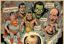 Illustration im Retro-Comic-Stil der 50er Jahre: Harvey Kurtzman sitzt mit Pfeife und Krawatte an einer alten Schreibmaschine. Aus der Maschine explodiert eine chaotische Wolke mit frühen MAD-Charakteren wie Superduperman, der Tarzan-Parodie Melvin und einer frühen Version von Alfred E. Neuman.