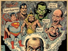 Illustration im Retro-Comic-Stil der 50er Jahre: Harvey Kurtzman sitzt mit Pfeife und Krawatte an einer alten Schreibmaschine. Aus der Maschine explodiert eine chaotische Wolke mit frühen MAD-Charakteren wie Superduperman, der Tarzan-Parodie Melvin und einer frühen Version von Alfred E. Neuman.