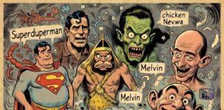 Illustration im Retro-Comic-Stil der 50er Jahre: Harvey Kurtzman sitzt mit Pfeife und Krawatte an einer alten Schreibmaschine. Aus der Maschine explodiert eine chaotische Wolke mit frühen MAD-Charakteren wie Superduperman, der Tarzan-Parodie Melvin und einer frühen Version von Alfred E. Neuman.