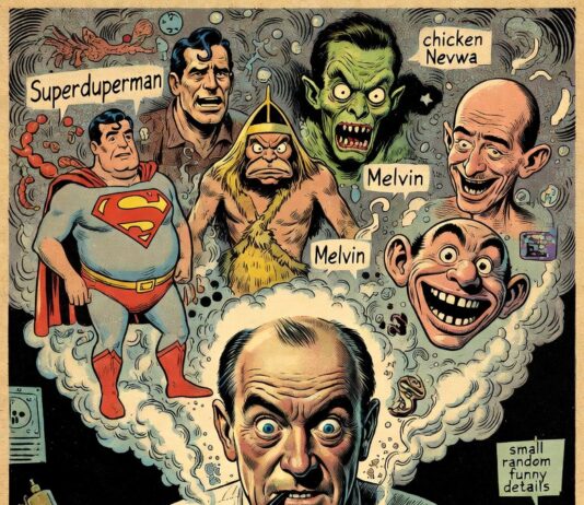 Illustration im Retro-Comic-Stil der 50er Jahre: Harvey Kurtzman sitzt mit Pfeife und Krawatte an einer alten Schreibmaschine. Aus der Maschine explodiert eine chaotische Wolke mit frühen MAD-Charakteren wie Superduperman, der Tarzan-Parodie Melvin und einer frühen Version von Alfred E. Neuman.