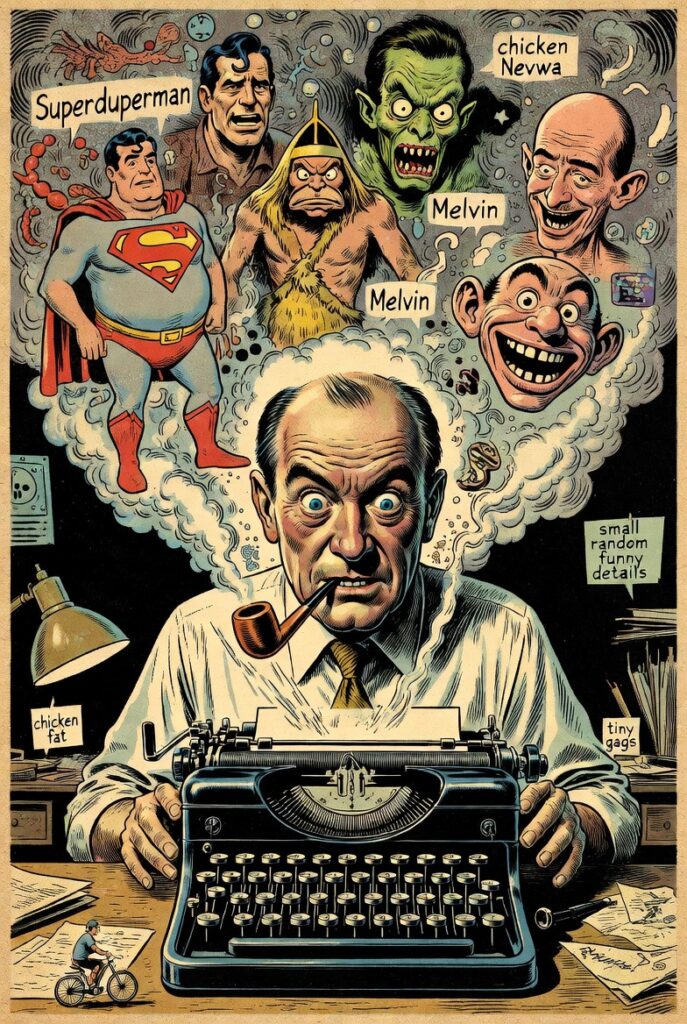 Illustration im Retro-Comic-Stil der 50er Jahre: Harvey Kurtzman sitzt mit Pfeife und Krawatte an einer alten Schreibmaschine. Aus der Maschine explodiert eine chaotische Wolke mit frühen MAD-Charakteren wie Superduperman, der Tarzan-Parodie Melvin und einer frühen Version von Alfred E. Neuman.