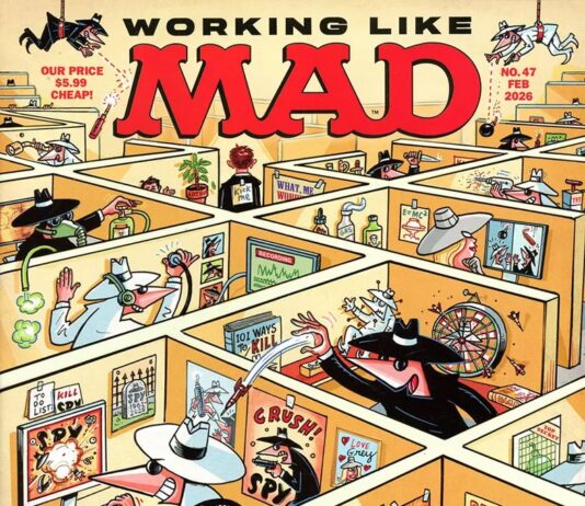 Cover der MAD-Ausgabe Nr. 47 (Februar 2026): Spy vs. Spy in einem chaotischen Großraumbüro mit Cubicles, Sabotage und Büroalltag-Parodien