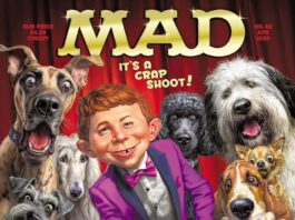 MAD Magazin Cover #48. Alfred E. Neuman im lila Smoking wirft einen grünen Hundekotbeutel auf einen Craps-Tisch. Um ihn herum schauen sieben verschiedene Hunde mit aufgeregten, entsetzten oder überraschten Gesichtern zu. Der Titel "MAD IT'S A CRAP SHOOT!" ist oben zu sehen. Es liegen Casino-Chips auf dem Tisch.