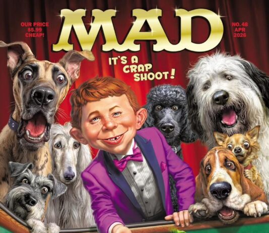 MAD Magazin Cover #48. Alfred E. Neuman im lila Smoking wirft einen grünen Hundekotbeutel auf einen Craps-Tisch. Um ihn herum schauen sieben verschiedene Hunde mit aufgeregten, entsetzten oder überraschten Gesichtern zu. Der Titel "MAD IT'S A CRAP SHOOT!" ist oben zu sehen. Es liegen Casino-Chips auf dem Tisch.