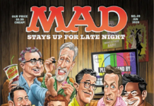 Cover des MAD Magazins Ausgabe 49 vom Juni 2026. Eine Karikatur zeigt eine Pyjamaparty mit den Late-Night-Moderatoren Jimmy Fallon, Stephen Colbert, Seth Meyers, Jon Stewart, John Oliver, Jimmy Kimmel und David Letterman, während Alfred E. Neuman Lettermans Gesicht anmalt.