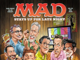 Cover des MAD Magazins Ausgabe 49 vom Juni 2026. Eine Karikatur zeigt eine Pyjamaparty mit den Late-Night-Moderatoren Jimmy Fallon, Stephen Colbert, Seth Meyers, Jon Stewart, John Oliver, Jimmy Kimmel und David Letterman, während Alfred E. Neuman Lettermans Gesicht anmalt.