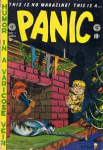 Cover der ersten Ausgabe des Comic-Hefts Panic von EC Comics mit einer makabren Weihnachtsszene, in der ein Junge eine Bärenfalle unter den Kamin stellt, in dem der Weihnachtsmann steckt.