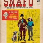 Cover des Snafu Magazins (Januar) von Atlas Comics, betitelt als Big Hunting and Fishing Issue mit zwei Jägern und einem Hund an einer Bushaltestelle vor gelbem Hintergrund.
