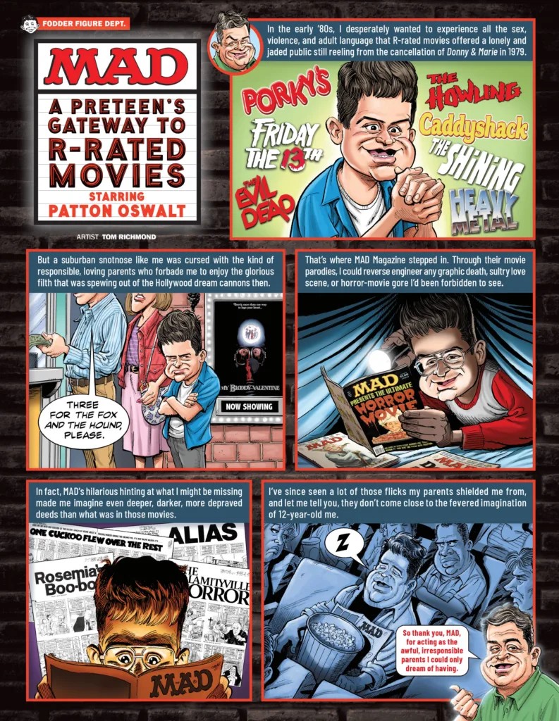 Eine Comic-Seite aus MAD #600 mit dem Titel „A Preteen's Gateway to R-Rated Movies“ von Autor Patton Oswalt und Zeichner Tom Richmond.