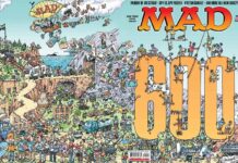 Das vollständige Wraparound-Cover des MAD Magazins Nummer 600, gezeichnet von Sergio Aragonés, mit einer riesigen gelben Zahl 600 in einer Wimmelbild-Landschaft.