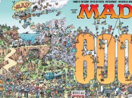 Das vollständige Wraparound-Cover des MAD Magazins Nummer 600, gezeichnet von Sergio Aragonés, mit einer riesigen gelben Zahl 600 in einer Wimmelbild-Landschaft.