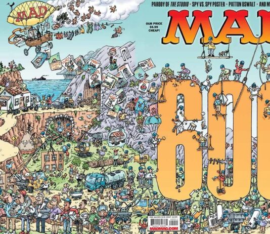 Das vollständige Wraparound-Cover des MAD Magazins Nummer 600, gezeichnet von Sergio Aragonés, mit einer riesigen gelben Zahl 600 in einer Wimmelbild-Landschaft.