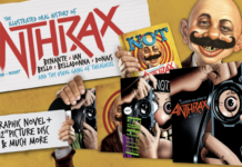 Anthrax im Comic-Wahn: Wenn Thrash Metal und das MAD Magazine kollidieren Werbegrafik für das Buch 'NOT! Die illustrierte Oral History von Anthrax' von Z2 Comics im MAD-Magazin-Stil. Mehrere Hände halten verschiedene Buchcover, die Karikaturen von Alfred E. Neuman mit Schnurrbart zeigen. Links oben der volle Titel 'The Illustrated Oral History of Anthrax' mit Bandmitgliedernamen. Links unten ein Schild mit Text 'Graphic Novel + 12" Picture Disc & Much More' und das Z2-Logo.
