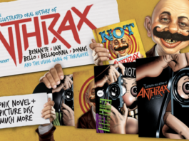 Werbegrafik für das Buch 'NOT! Die illustrierte Oral History von Anthrax' von Z2 Comics im MAD-Magazin-Stil. Mehrere Hände halten verschiedene Buchcover, die Karikaturen von Alfred E. Neuman mit Schnurrbart zeigen. Links oben der volle Titel 'The Illustrated Oral History of Anthrax' mit Bandmitgliedernamen. Links unten ein Schild mit Text 'Graphic Novel + 12" Picture Disc & Much More' und das Z2-Logo.
