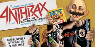 Werbegrafik für das Buch 'NOT! Die illustrierte Oral History von Anthrax' von Z2 Comics im MAD-Magazin-Stil. Mehrere Hände halten verschiedene Buchcover, die Karikaturen von Alfred E. Neuman mit Schnurrbart zeigen. Links oben der volle Titel 'The Illustrated Oral History of Anthrax' mit Bandmitgliedernamen. Links unten ein Schild mit Text 'Graphic Novel + 12" Picture Disc & Much More' und das Z2-Logo.