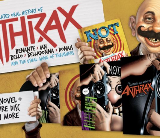 Werbegrafik für das Buch 'NOT! Die illustrierte Oral History von Anthrax' von Z2 Comics im MAD-Magazin-Stil. Mehrere Hände halten verschiedene Buchcover, die Karikaturen von Alfred E. Neuman mit Schnurrbart zeigen. Links oben der volle Titel 'The Illustrated Oral History of Anthrax' mit Bandmitgliedernamen. Links unten ein Schild mit Text 'Graphic Novel + 12" Picture Disc & Much More' und das Z2-Logo.