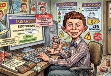 Eine detaillierte Illustration im MAD-Magazin-Stil, die Alfred E. Neuman an einem chaotischen Schreibtisch bei der Registrierung für ein Online-Casino (Iris Casino) zeigt. Er ignoriert zahlreiche deutschsprachige Warnungen über 2-Faktor-Authentifizierung (2FA), ungewöhnliche Aktivitäten und die Notwendigkeit starker Passwörter. Ein Notizbuch zeigt schwache Passwörter. Er hält einen Pokerchip mit seinem Gesicht. Die Wände sind mit MAD-Covern und Geldscheinen tapeziert. Eine visuelle Satire auf Sicherheitsrisiken im Online-Gaming.