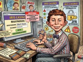 Eine detaillierte Illustration im MAD-Magazin-Stil, die Alfred E. Neuman an einem chaotischen Schreibtisch bei der Registrierung für ein Online-Casino (Iris Casino) zeigt. Er ignoriert zahlreiche deutschsprachige Warnungen über 2-Faktor-Authentifizierung (2FA), ungewöhnliche Aktivitäten und die Notwendigkeit starker Passwörter. Ein Notizbuch zeigt schwache Passwörter. Er hält einen Pokerchip mit seinem Gesicht. Die Wände sind mit MAD-Covern und Geldscheinen tapeziert. Eine visuelle Satire auf Sicherheitsrisiken im Online-Gaming.