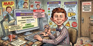 Eine detaillierte Illustration im MAD-Magazin-Stil, die Alfred E. Neuman an einem chaotischen Schreibtisch bei der Registrierung für ein Online-Casino (Iris Casino) zeigt. Er ignoriert zahlreiche deutschsprachige Warnungen über 2-Faktor-Authentifizierung (2FA), ungewöhnliche Aktivitäten und die Notwendigkeit starker Passwörter. Ein Notizbuch zeigt schwache Passwörter. Er hält einen Pokerchip mit seinem Gesicht. Die Wände sind mit MAD-Covern und Geldscheinen tapeziert. Eine visuelle Satire auf Sicherheitsrisiken im Online-Gaming.