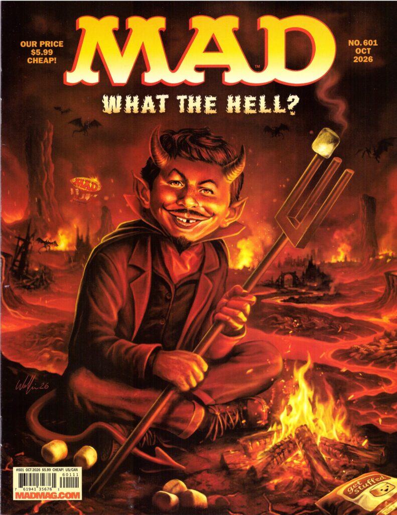 Titelbild von MAD Magazin Ausgabe 601 (Oktober 2026) mit Alfred E. Neumann als Teufel am Lagerfeuer in der Hölle.