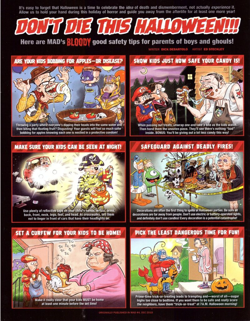 Rückseite von MAD #601 mit dem Comic-Beitrag „Don't Die This Halloween!!!“ von Dick DeBartolo und Ed Steckley in sechs Panels.